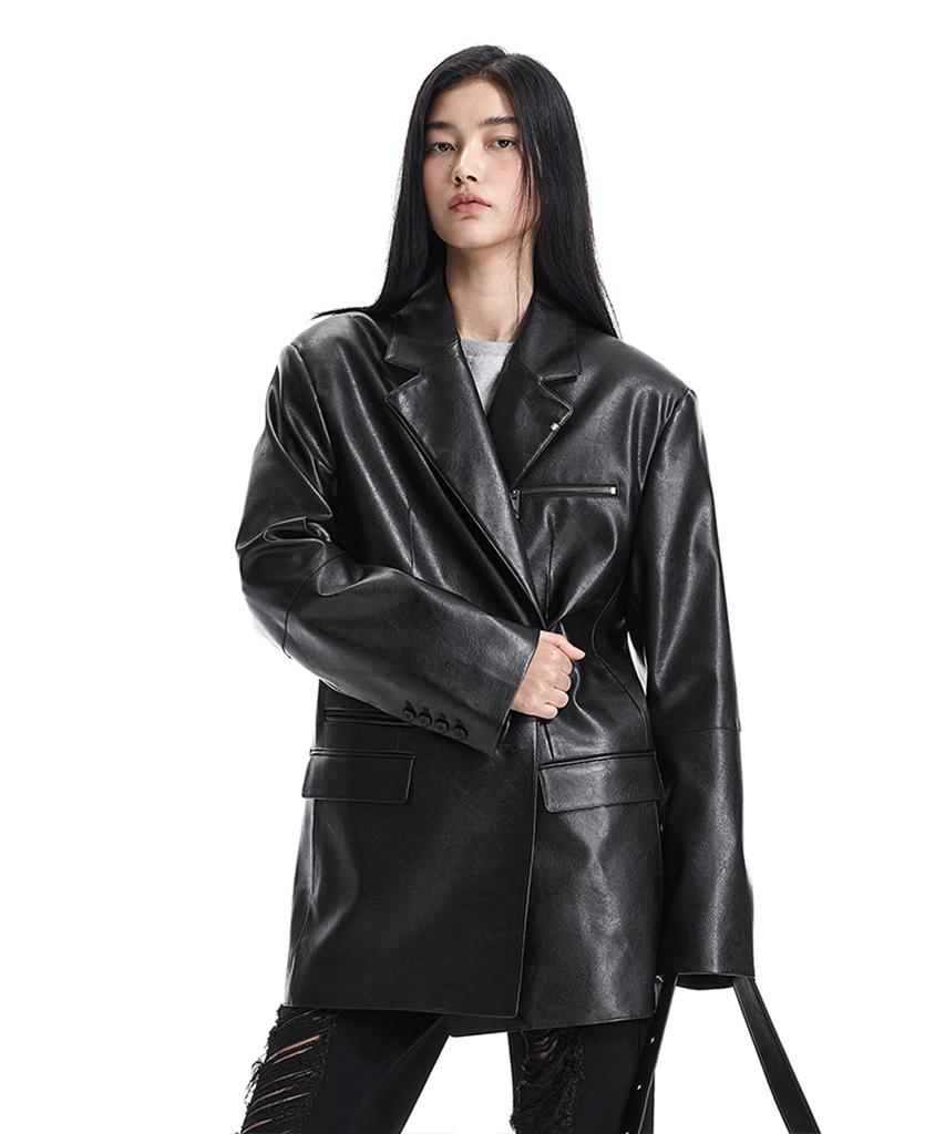 TREEMINGBIRD Metal-Ring Oversized Leather Jacket [ Black ]
