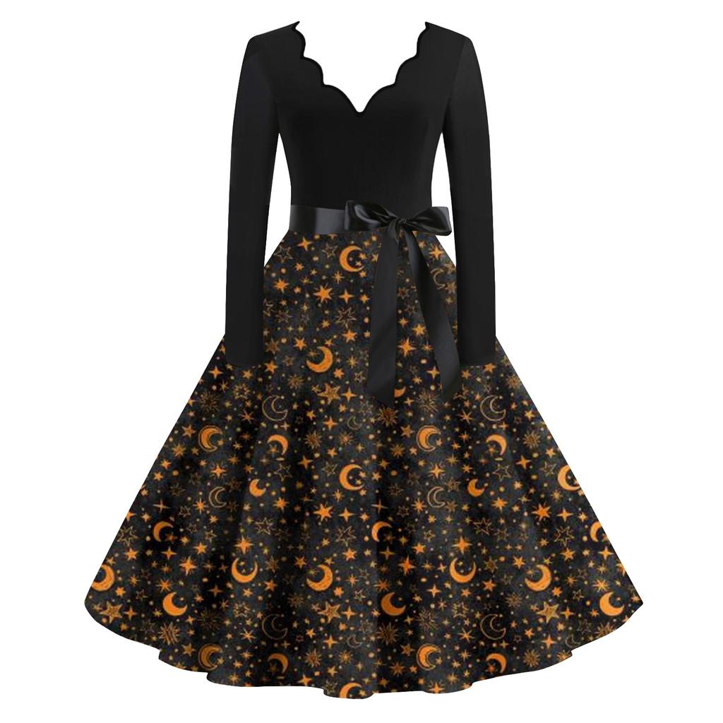 Женские повседневные модные винтажные длинные платья с длинным рукавом на Хэллоуин и графическим принтом