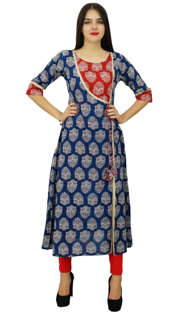 Bimba Womens Designer Angrakha Style Cotton Kurta Kurti Formal Ethnic Wear