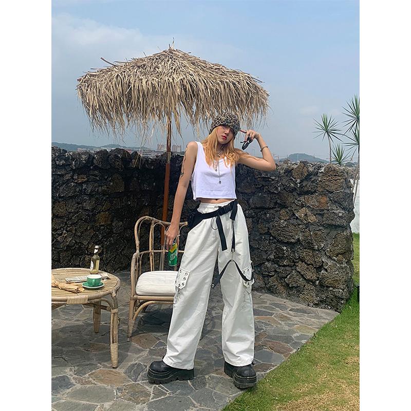 Черные брюки-карго в стиле Харадзюку, женские брюки-карго в готическом стиле с цепочкой, белые широкие брюки, женские хиппи, уличный стиль, эмо-торговый центр, гот