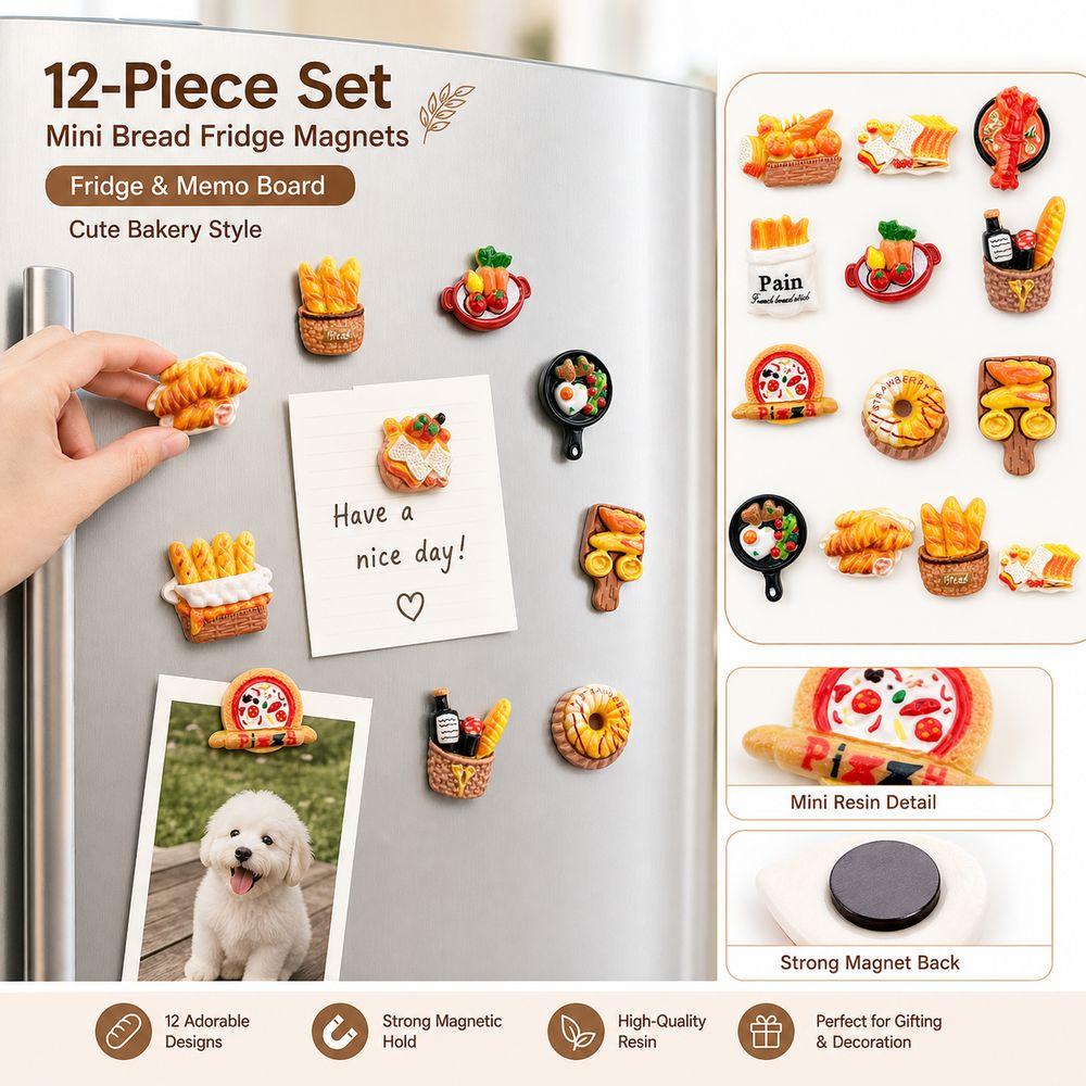 12PCS Resin Bread Fridge Magnets Miniature Food Refrigerator Magnets Home Office Decor