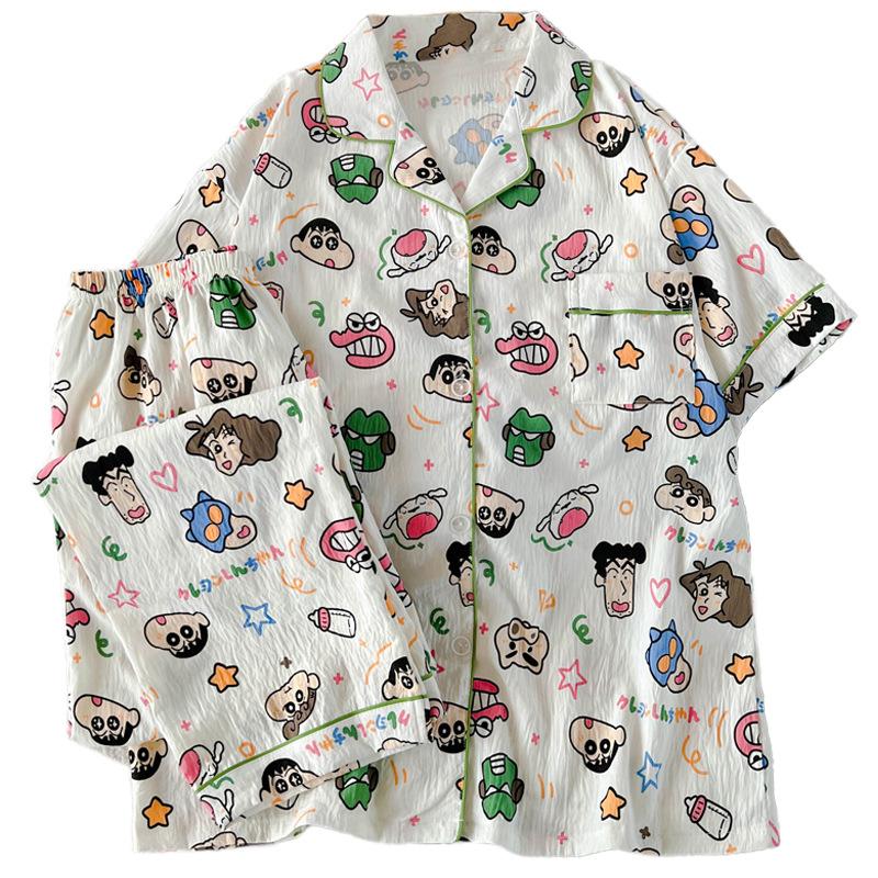 Japanese Home Loose Pajamas Women'S Summer Crayon Small New Short-Sleeved Cloud Cotton Set Loungewear