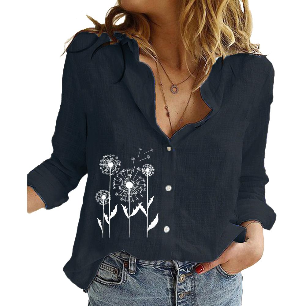 Women Fashion Buttoned Shirt Ladies Casual Long Sleeve Linen Top Floral Print Blouse