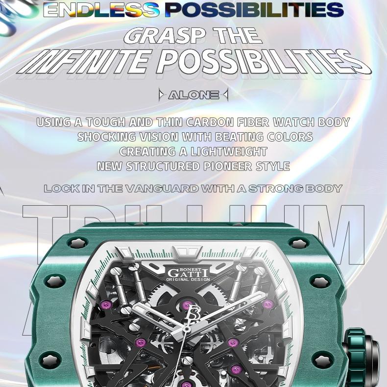 Мужские механические часы Bonest Gatti из светящегося углеродного волокна