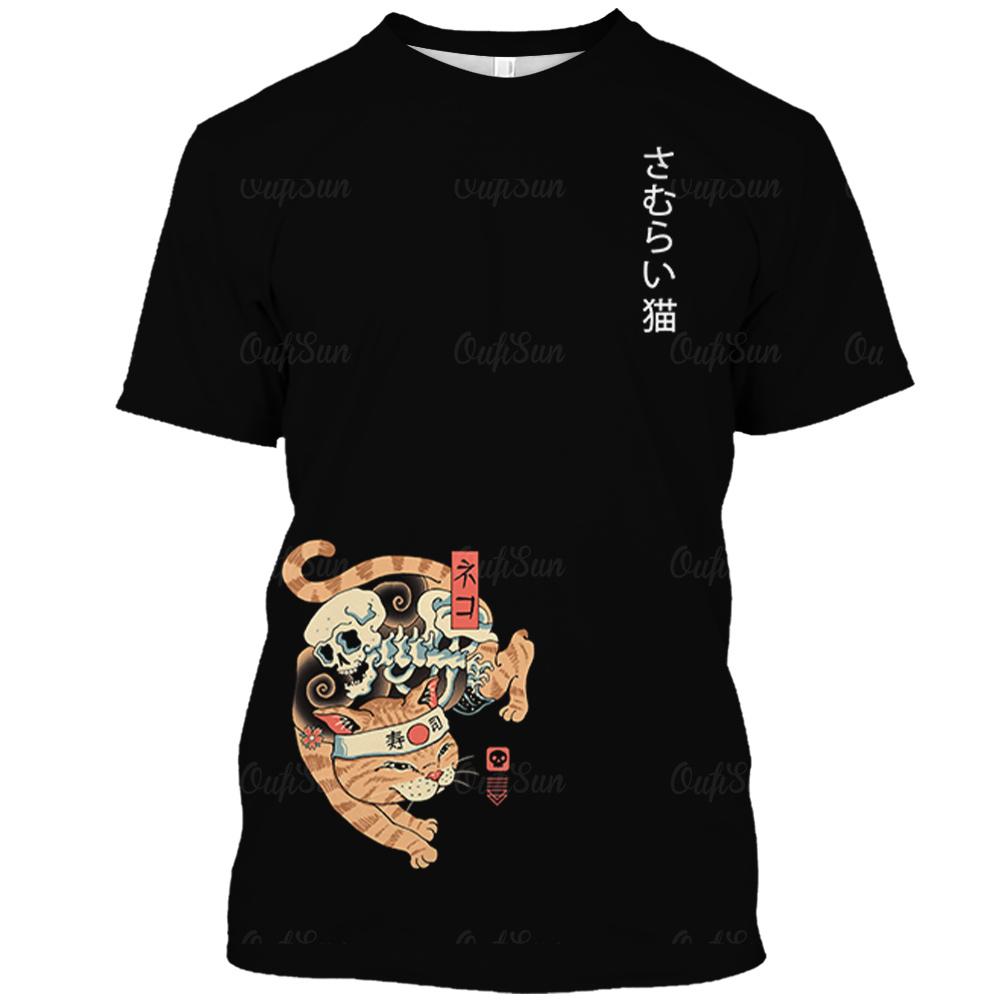 Футболка мужская с изображением аниме-кота, 3D-принт, короткие рукава, свободные черные уличные японские футболки, повседневная мужская одежда