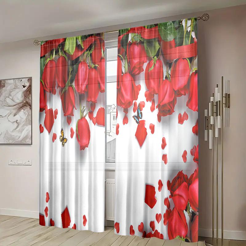 2 шт., шторы с красными розами -30% затемнения - подходят для гостиной, спальни, украшения дома на День святого Валентина