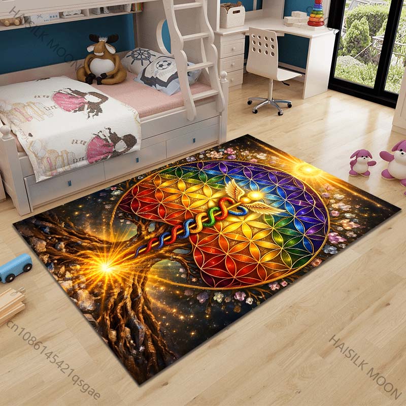 Multiple sizes Rainbow Flower of Life Pattern Carpet for Living Room Bedroom Sofa Home Decor Rus Non-slip Floor Mat Luxury Gift