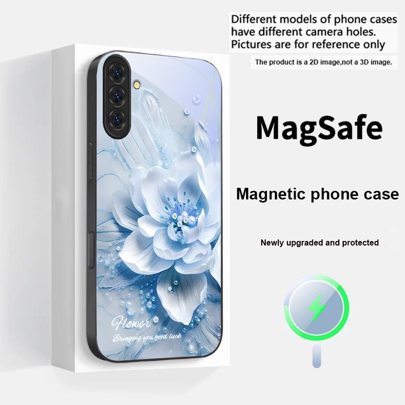 Цветущие синие цветы Для Samsung S25 S25 Edge S25Ultra S8 9 10 20 S21 Pro 22 Plus S23 FE S24 Ultra Magsafe Стеклянный чехол для телефона
