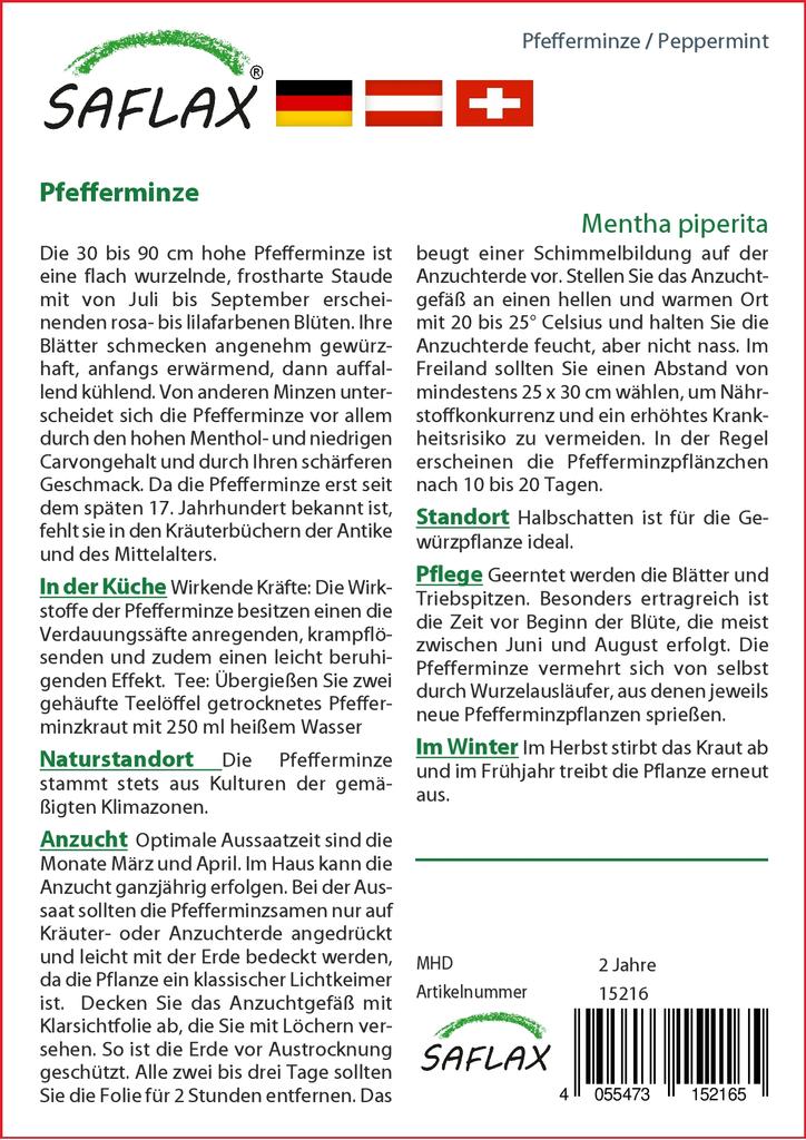 SAFLAX Garden in the Bag - Мята перечная - 300 семян - С субстратом в удобном стоячем пакете - Mentha piperita