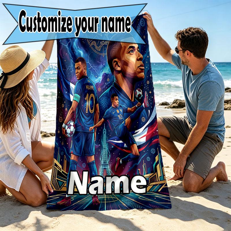 Custom Name Personalized Kylian Mbappe Print Beach Towel, for Trip Camping Beach Party Home Decor, Birthday Gift for Family & Friends