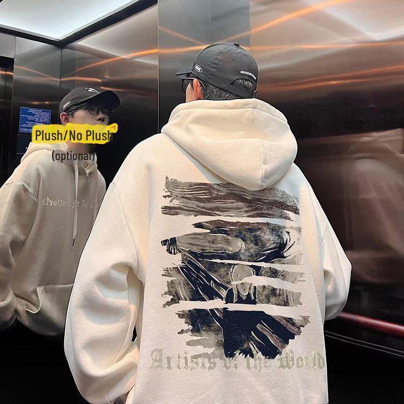 "Trendy Men's American-Style Hooded Sweatshirt - Autumn/Winter Velvet, Loose Fit, Casual Jacket for Teens"