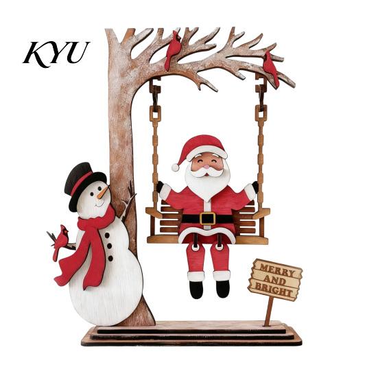 Indoor Christmas Party Decoration 3D Wooden Santa Swing Tabletop Decor, Snowman Ornament, Stable Table Ornament Farmhouse Xmas Shelf Mantel