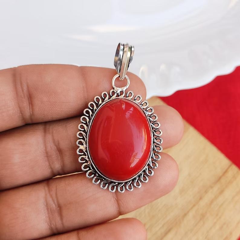 Кулон из натурального красного коралла с драгоценным камнем 925 пробы, серебряный кулон с цепным ожерельем