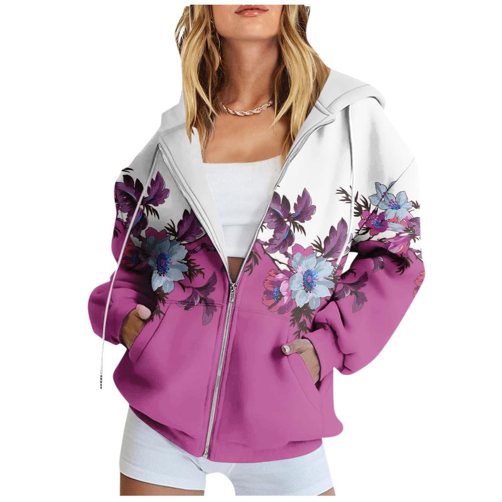 Women's Long Sleeve Floral Print Sweatshirt Long Sleeve Pocket Jacket Zipper Hoodie Coat