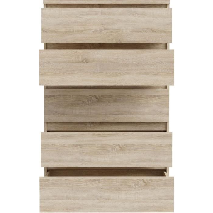 Commode CHELSEA 5 tiroirs - Décor chêne - L 77,2 x P 42,2 x H 128,1cm