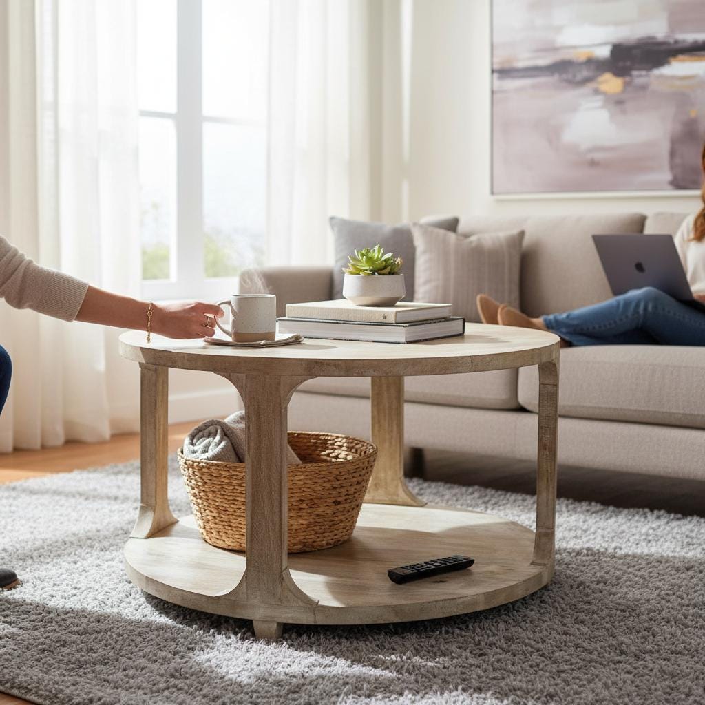 Wooden Coffee Table with Storage Shelf Handmade Round Center Table for Living Room, Indian Nightstand Tea Table, Side Table, Low Table
