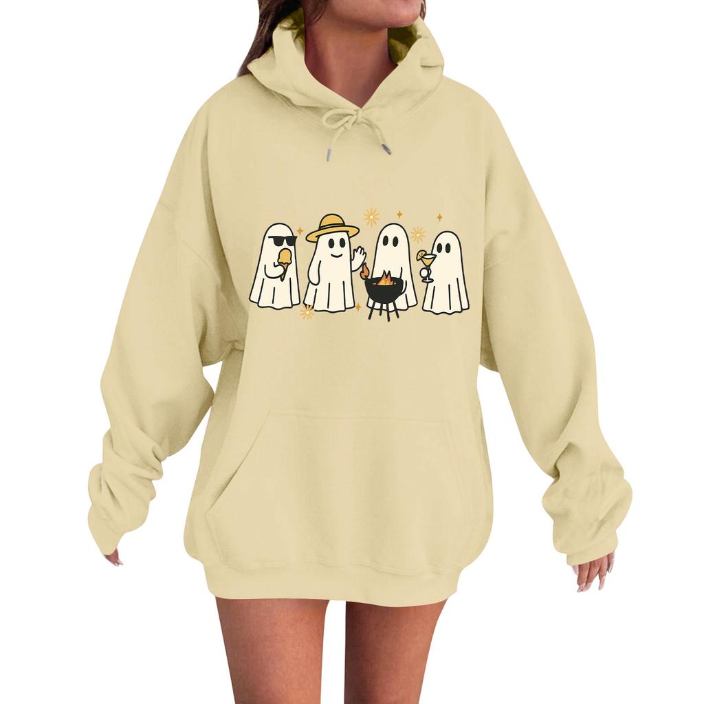 Женская повседневная модная удобная толстовка с круглым вырезом, капюшоном и длинными рукавами с принтом на Хэллоуин, теплая