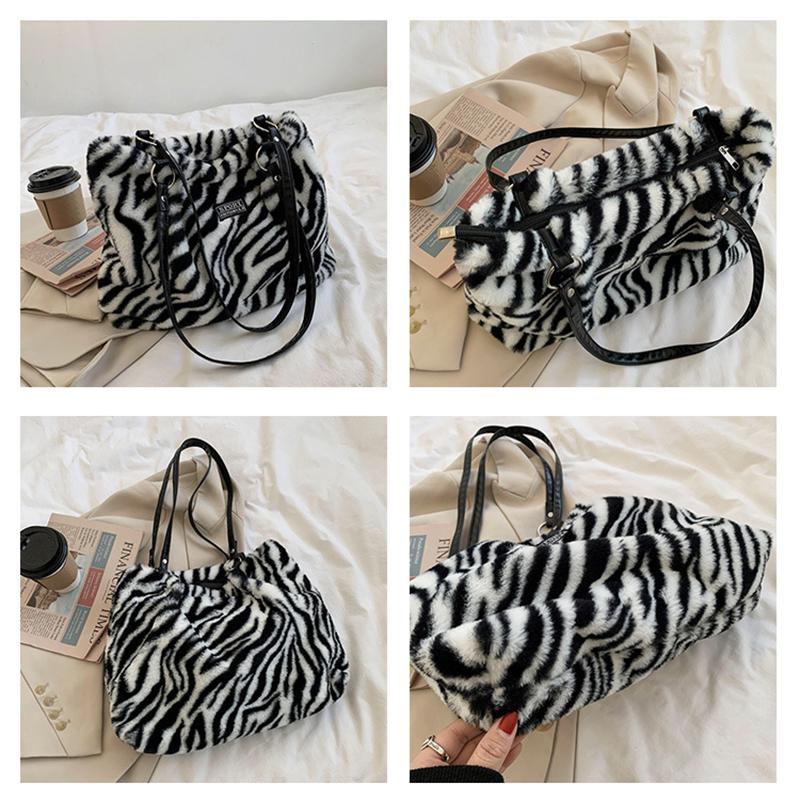 Сумка-тоут для женщин с рисунком коровы, теплая, вместительная, из искусственного меха зебры, на осень и зиму, с ручкой сверху