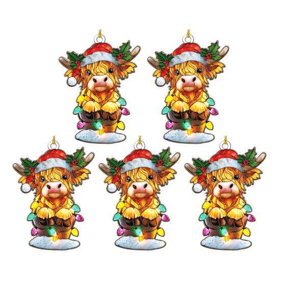 Рождественское украшение «Шотландская высокогорная корова» с эффектом витража, подвеска на окно, декор «Шотландская высокогорная корова», деревенский акриловый шотландский ловец солнца для декора фермерского дома, украшение на елку