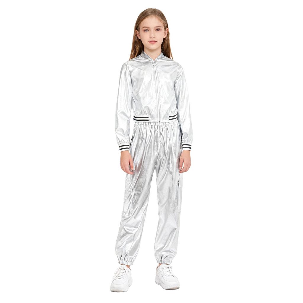 Девочки Металлический Танцевальный Костюм Куртка с Длинным Рукавом Стойка Воротник Детали на Молнии Хип-Хоп Джаз Выступление Брюки