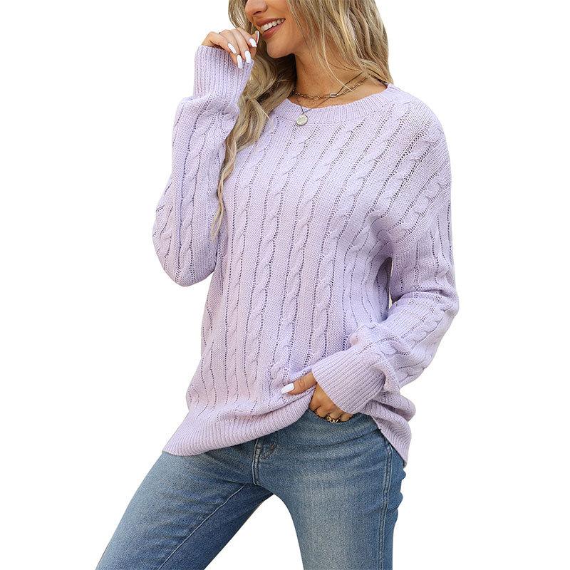 Женский осенне-зимний трикотажный однотонный свитер с длинным рукавом и круглым вырезом