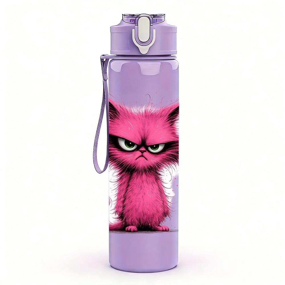 1PC Angry Pink Cat Cartoon Character Print 750ml Color Plastic Sports Water Bottle Leakproof Flip Straw Lid Suitable for Sports Office Home Use