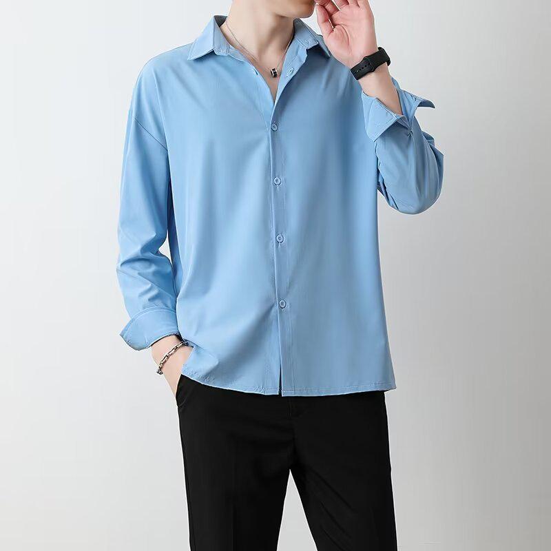 Мужская рубашка с длинным рукавом из ледяного шелка — весенний корейский стиль, повседневный японский свободный крой, не мнется и не требует глажки, большой размер.