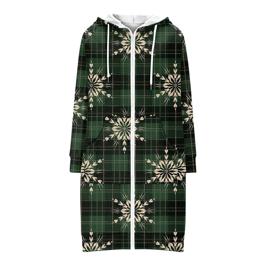 Women's Fashionable Christmas Printed Long Sleeved Drawstring Hooded Zipper Pocket Long Casual Sweatshirt Jacket