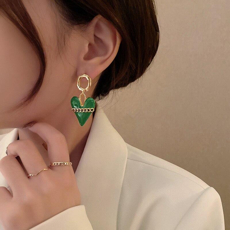 Trendy Style Fashionable Gorgeous Green Heart Metallic Dangle Earrings Latest Korean Style Brincos JewelryFashion Dangle