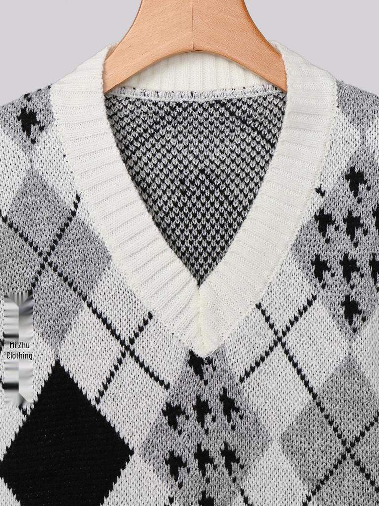 Женский пуловер-жилет с V-образным вырезом и аргайловым узором для осени/зимы