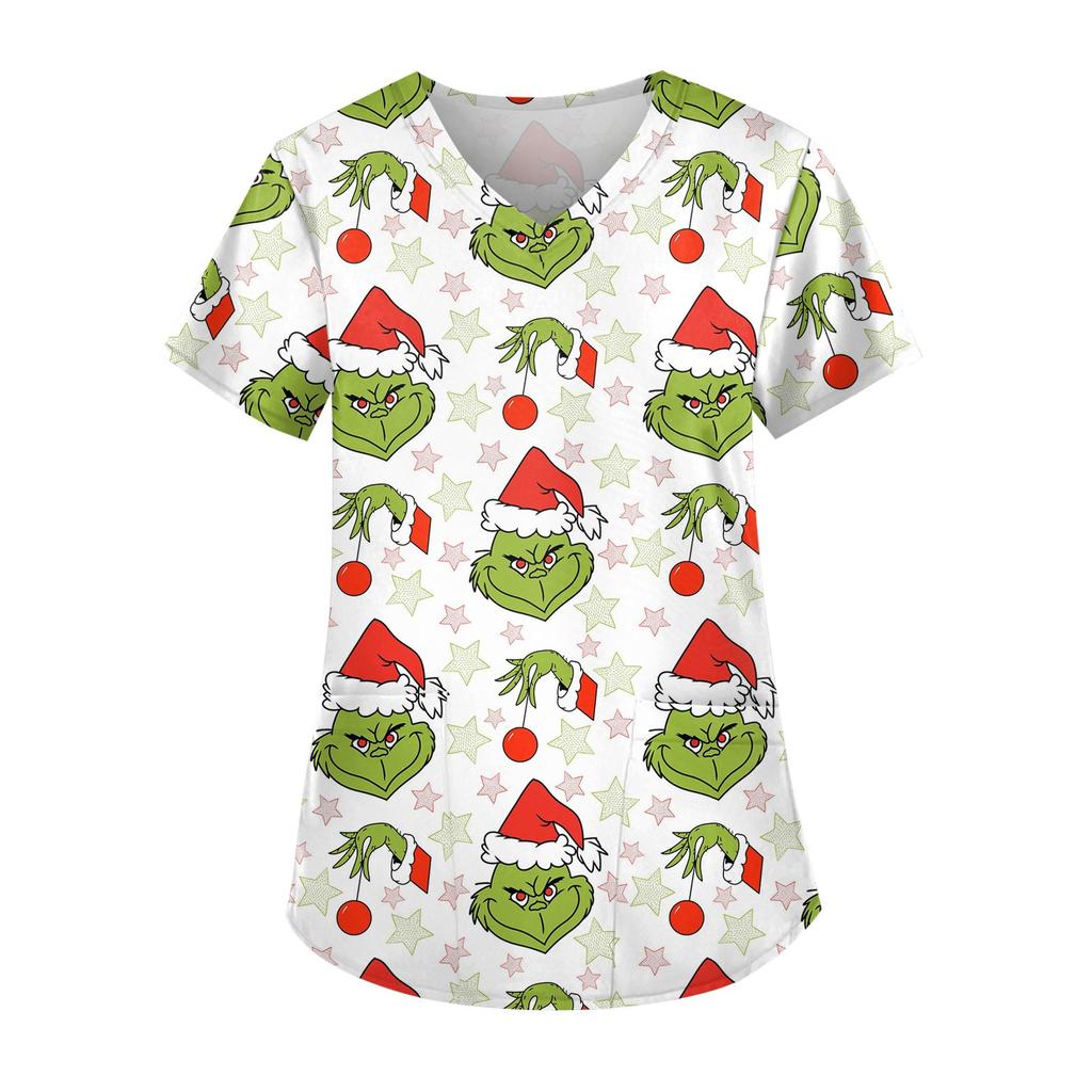 Women's Cute Printed Work Clothes V-neck Double Layer Pockets Basic Short Sleeve Top Pullover Christmas