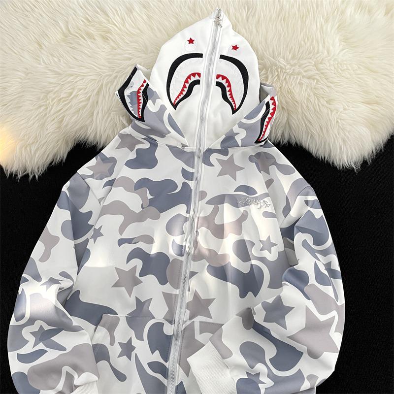 High Street Camo Shark Zip-Up Hoodie - Unisex, BF Style, Long Sleeve with Towel Embroidery