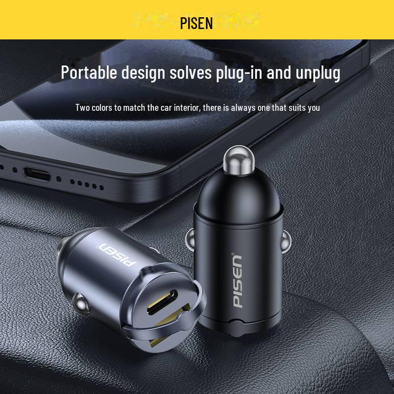 PISEN Super Fast Charging Car Charger with Retractable Cable - Compatible with Apple and Huawei Devices