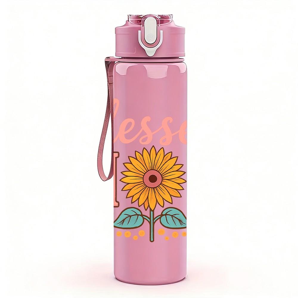 1PC Blessed Mom Sunflower Letter 750ml Color Plastic Sports Water Bottle Leakproof Flip Straw Lid For Sports Office Home Use