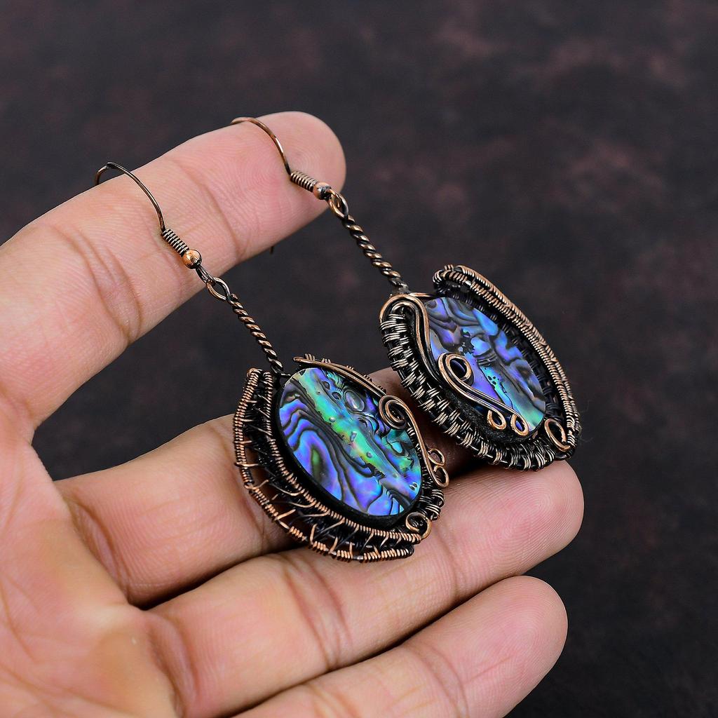Серьги из ракушек-абалонов, драгоценные камни, серьги из медной проволоки, уникальные серьги ручной работы, украшения из ракушек-абалонов, подарок для нее, этнические серьги