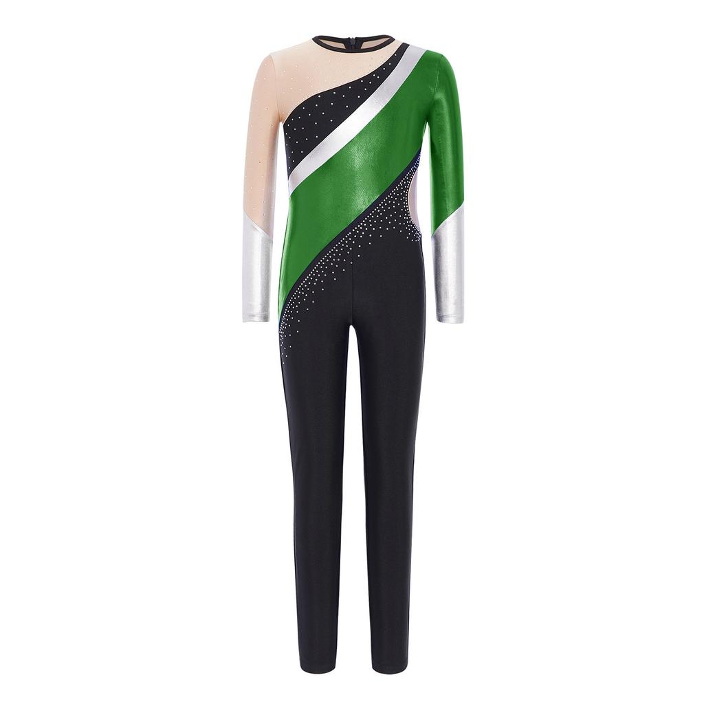 Girls Gymnastics Jumpsuit Metallic Color Block Design Round Neck Long Sleeve Back Invisible Zipper Bodysuit