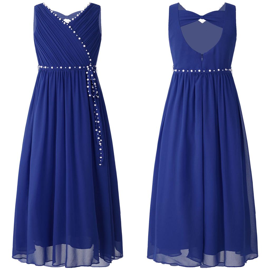 Flower Girls Dress Elegant Beaded Chiffon Party Summer Dress Ruched V Neck Sleeveless Dress for Bridesmaid Wedding