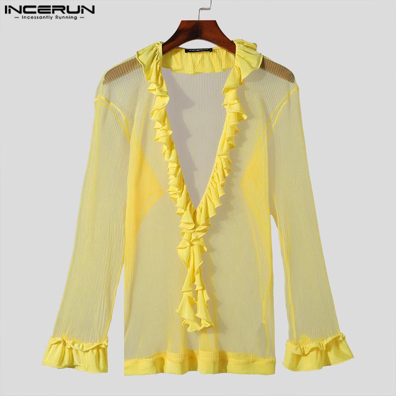 INCERUN Мужские рубашки с глубоким V-образным вырезом и длинным рукавом, оборками и сетчатыми вставками, прозрачные топы