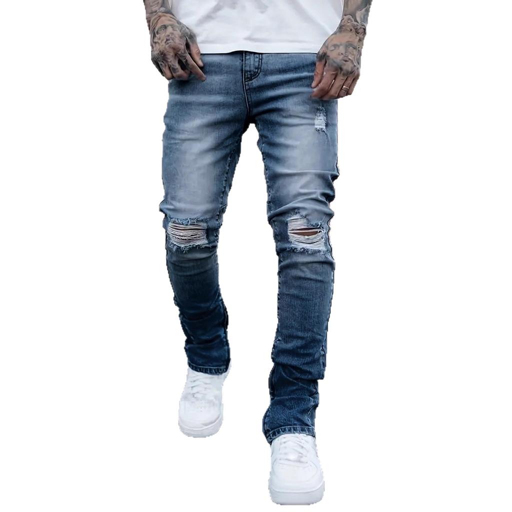 Foot Open Zipper High Quality 4 Color Water Ripped Jeans Men'S Straight Trousers
