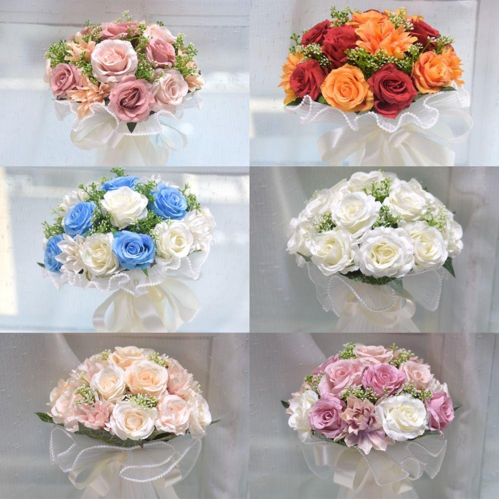 Свадебный букет из жемчужного кружева и сетки с шелковой лентой, букет из искусственных цветов, декор для свадьбы