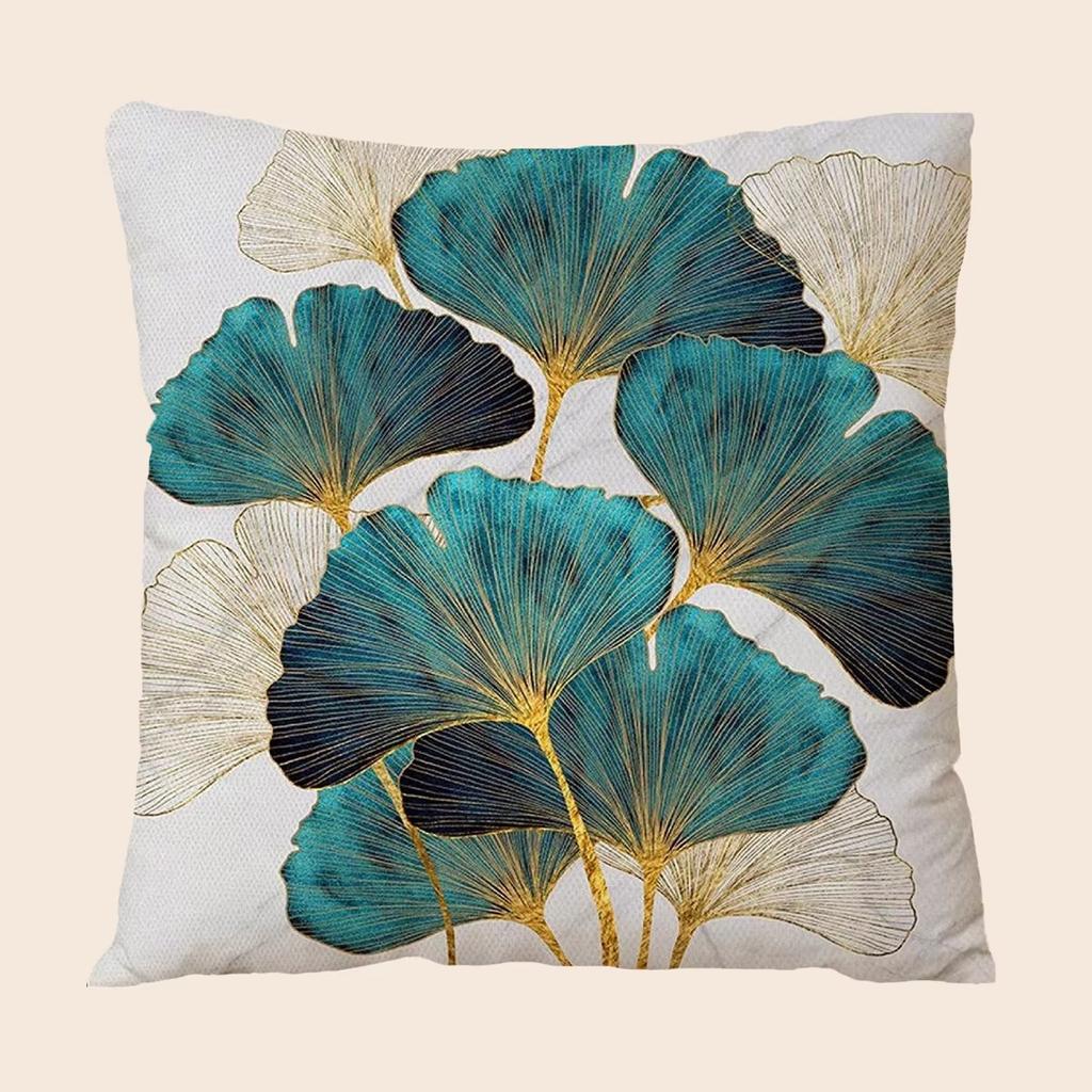 Soft Ginkgo Leaves Printed Pillow Cover, Teal Gold White Brown Fall Decorative Throw Cushion Cover for Sofa Living Room Chair