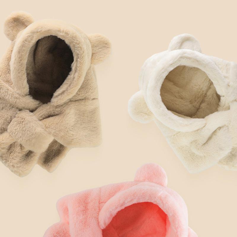 Faux Fur Winter Baby Hat Scarf One-Piece Soft Kids Cap for Girls Boys Cartoon Warmer Neck Ears Baby Bonnet Infant Accessories