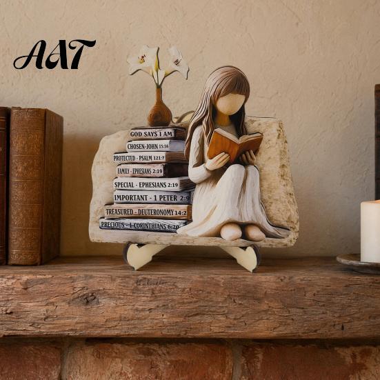 Exquisite Desktop Figurine Decor Wooden Reading Girl Figurine, Stable Pastoral Style Statue Decorative for Desk Decor, Artistic Healing Ornament,