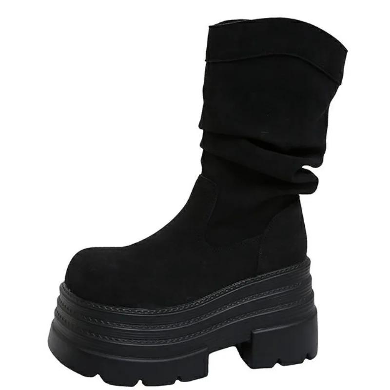 Fashion 10CM New 2024 Autumn Platform Mid-calf Boots High Heels Women Thick Sole Winter Leather Sock Shoes Chunky Motorcycle Boots Woman