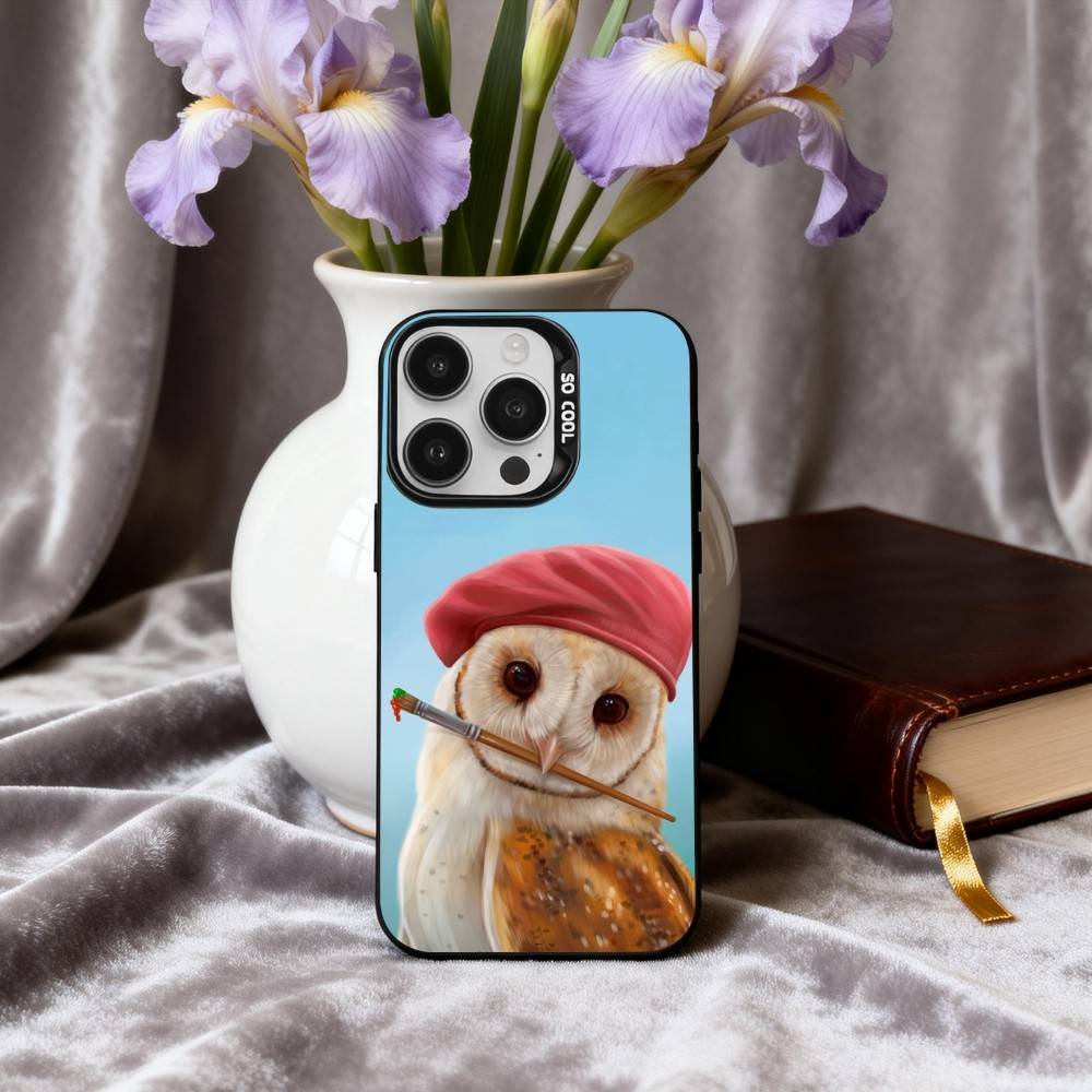 Cute Owl Art Phone Case For iPhone17,16,15,14,13,12,11 Plus,Pro Max Black Candy Silver Plated Cover