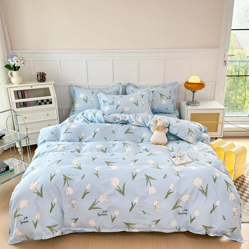 Цветочный пододеяльник в садовом стиле, 100% хлопок, бохо-эстетика, зеленый, с рисунком из разноцветных цветов, 3 предмета