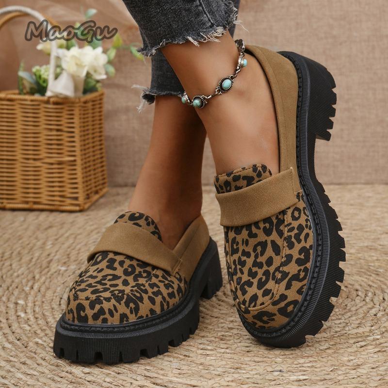 Large Size 35-43 Slip-On Leopard Print Casual Shoes Round Toe Non-slip Women's Loafers Thick Bottom Single Shoes Mocasines Mujer