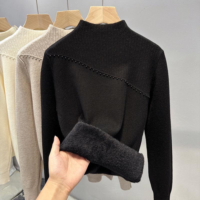 Женский осенне-зимний повседневный толстый и теплый пуловер с добавленным бархатным трикотажем, в сочетании с цельным бархатным свитером с полувысоким воротником