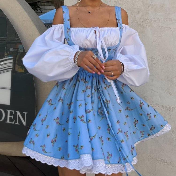 Slimfit сексуальное платье с открытыми плечами и цветочным принтом для женщин, зашнуровать лоскутное мини-платье с длинными рукавами Femme France, винтажное элегантное уличное платье, лето 2024