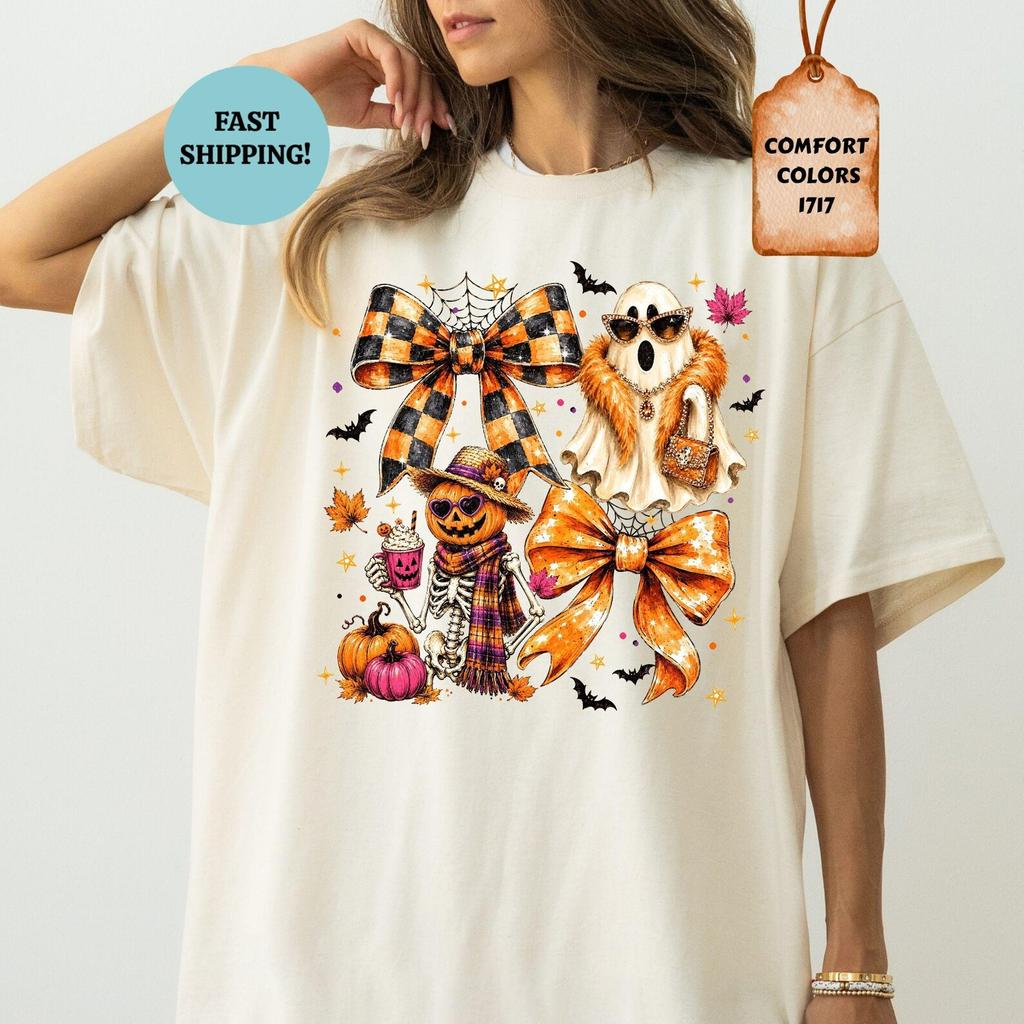 Comfort Colors® Preppy Ghost Coquette Shirt, Funny Halloween Pumpkin Tee, Womens Spooky Season T-Shirt